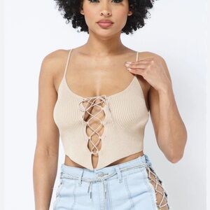 Tan Tie Front Ribbed Camisole Top NWT